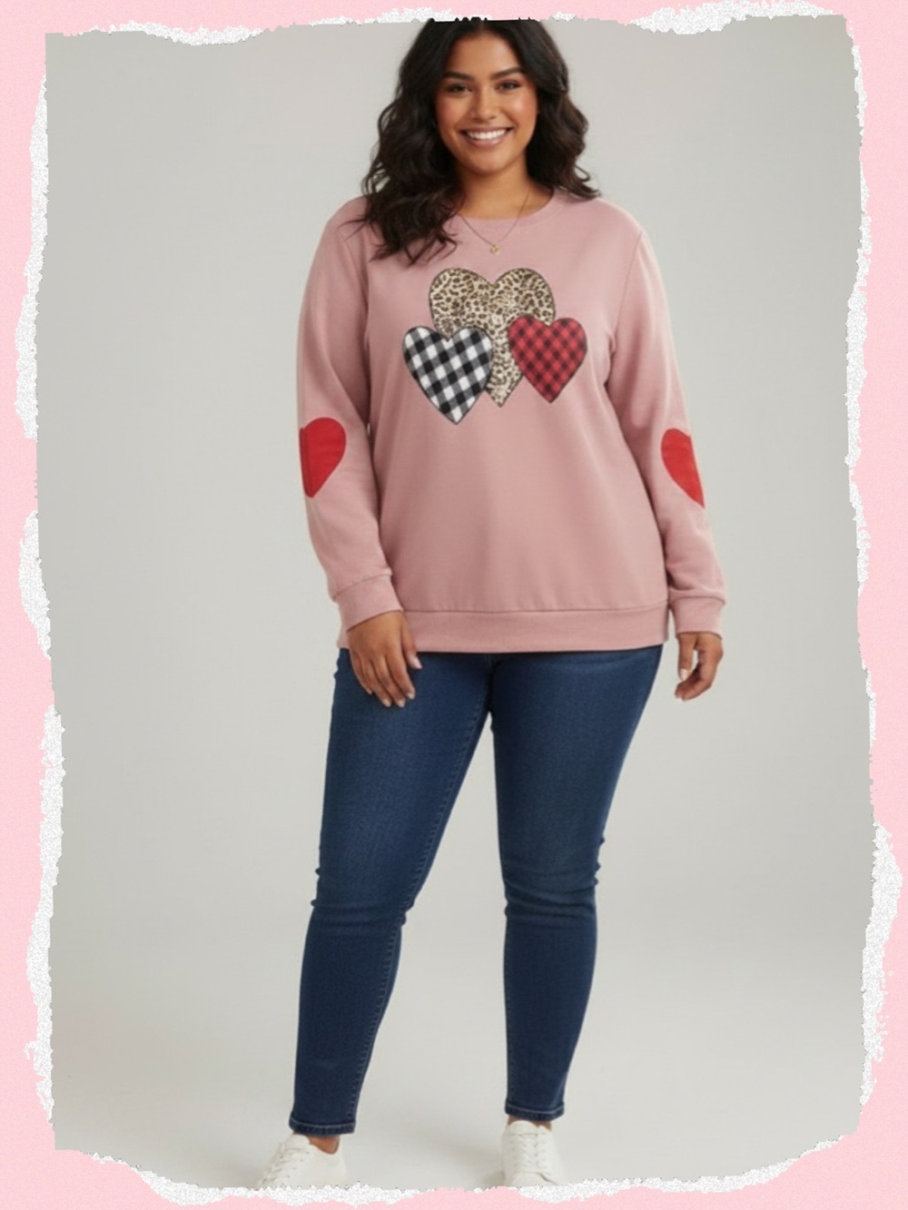 Women's Pink Heart Patch Pullover Sweatshirt